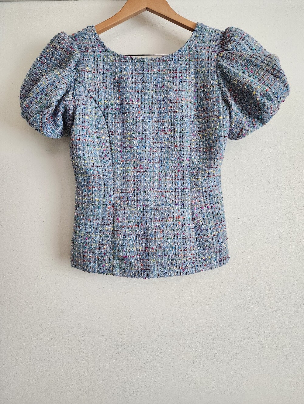 Ivy City Co. Tweed Multicolor Puff Sleeve Blouse Textured Short Sleeve Top XS - Picture 3 of 15